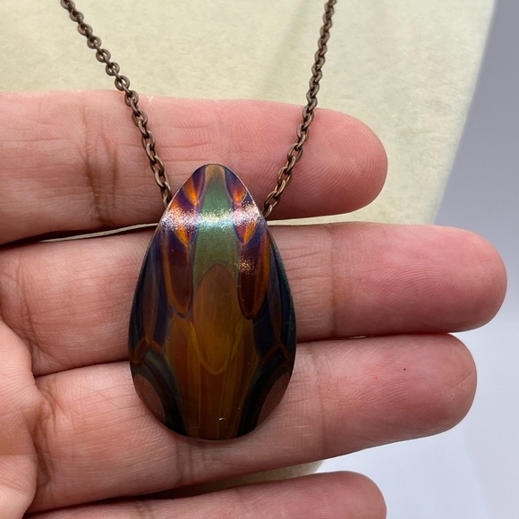 Copper Painted  Teardrop Pendant Necklace Artisan Made One of a kind Colorful - Picture 3 of 15